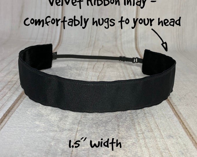 1.5" SOLID BLACK Headband / Plain Workout Headband / Adjustable Nonslip Headband / Button Headband Option by Busy Bee