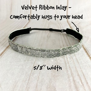 3/8&quot; or 5/8&quot; or 1&quot; SILVER SPARKLE Headband / Running Headband / Workout Headband / Adjustable Nonslip Headband / Button Headband Option