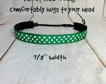 7/8" GREEN POLKA DOT Headband / Adjustable Nonslip Headband / Button Headband Option by Busy Bee Headbands