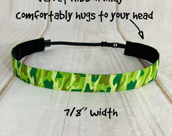 7/8" GREEN CAMO Headband / Adjustable Camouflage Headband / Army Headband / Button Headband Option by Busy Bee Headbands