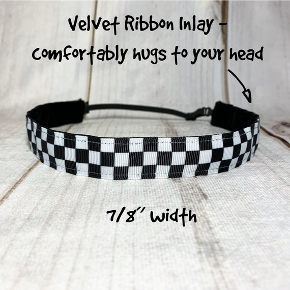 7/8" CHECKERED Headband / Formula 1 Car Racing CHECKED / Nonslip Adjustable with Side Button Option for Mask by Busy Bee Headbands