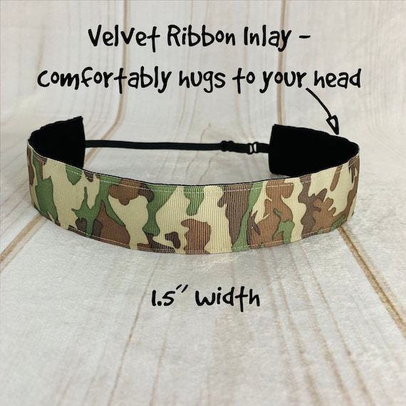 1.5" CAMO HEADBAND / Camouflage Headband / Army Headband / Adjustable Nonslip Headband / Button Headband Option by Busy Bee Headbands