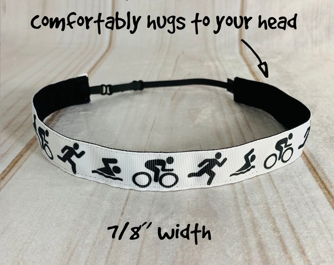 7/8" SWIM BIKE RUN Tri Triathlon Headband / Triathlete Headband / Adjustable Nonslip Headband / Button Headband Option by Busy Bee Headbands