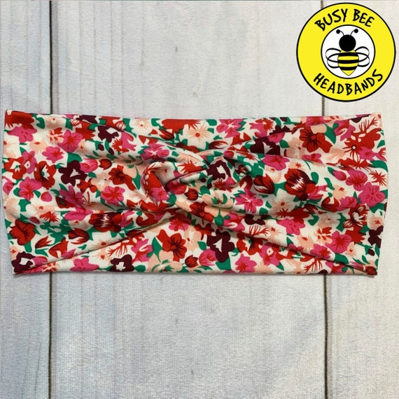 RED PETUNIA FLOWERS Headband, Top Knot Headband, Twisted Headband, Turban Headband, Wide Headband, Button Headband