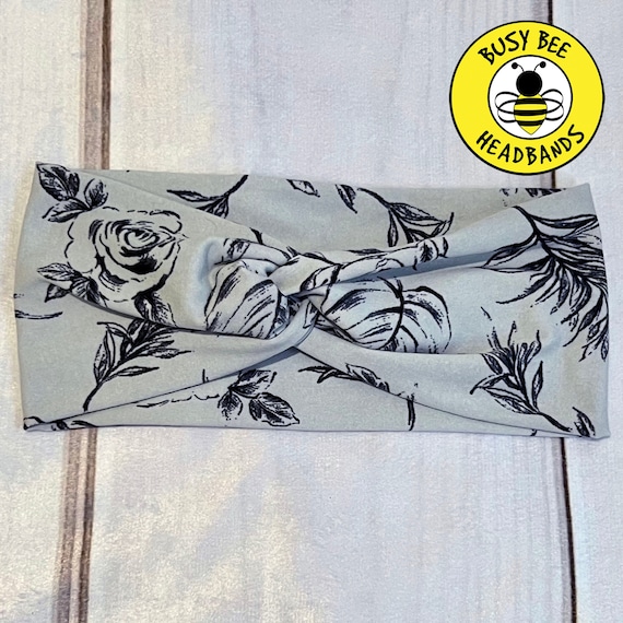 SKETCHED ROSE BLUES Headband, Faux Top Knot Headband, Twisted Headband, Turban Headband, Wide Headband, Button Headband