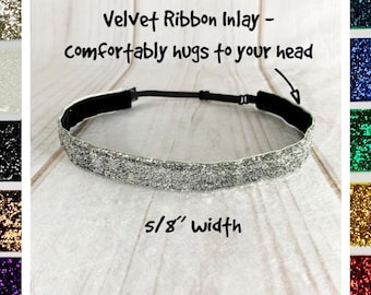 5/8" SPARKLE GLITTER Headbands / Running Headband / Workout Headband / Adjustable Nonslip Headband / Button Headband Option by Busy Bee