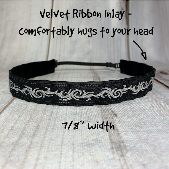 7/8" Black & Silver Tattoo Headband / Fitness Workout Running CrossFit Headband / Adjustable Nonslip Headband / Button Option