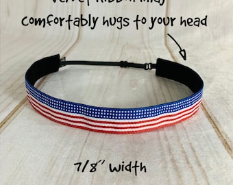 7/8" PATRIOTIC USA Headband / Adjustable Camouflage Headband / USA Flag Americana Headband / Button Headband Option by Busy Bee Headbands