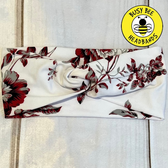 Red SKETCHED ROSE Floral Headband, Faux Top Knot Headband, Twisted Headband, Turban Headband, Wide Headband, Button Headband