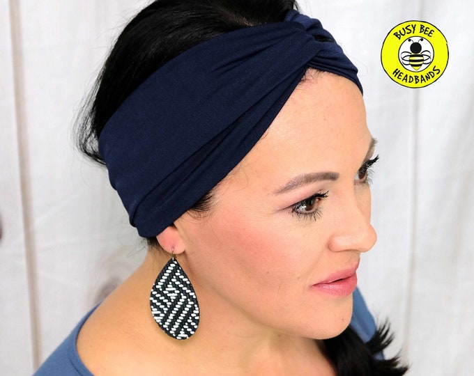 NAVY BLUE Headband / Twisted Turban Headband / Top Knot Headband / Wide Headband / Yoga Headband / Boho Style Headband / Busy Bee Headbands