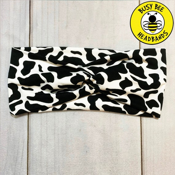 Faux Top Knot COW Headband, DALMATION Headband, Top Knot Headband, Twisted Headband, Turban Headband, Wide Headband, Nurse Button Headband