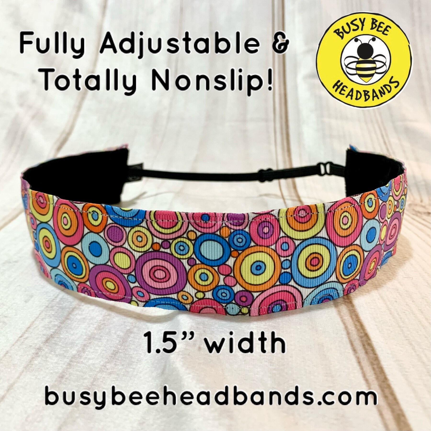 1.5” GROOVY CIRCLES Wide Headband / Adjustable Nonslip Headband / Button Headband Option by Busy