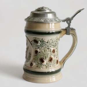 Vintage Porcelain beer stein with tin lid, beige