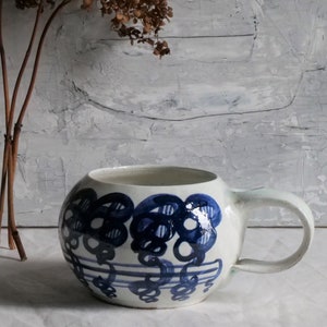 Vintage Ceramic soup bowl with handle, Coffee cup with handle, hand painted