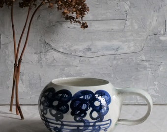 Vintage Ceramic soup bowl with handle, handmade coffee mug blue white