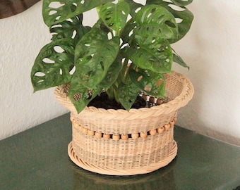 Vintage rieten mand, boho plantenpot