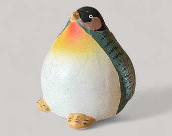 Vintage porcelain penguin figurine, hand-painted in beautiful green, black, orange, yellow, and white, Ceramic bird Ornament