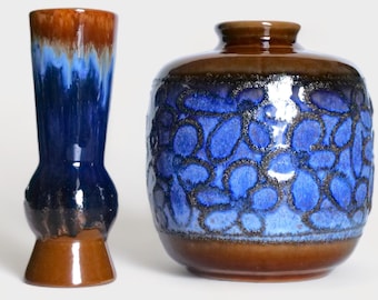 Zwei Vintage-Vasen aus blauer und brauner Keramik, Design aus den 1960er Jahren, Strehla Keramik, Deutschland
