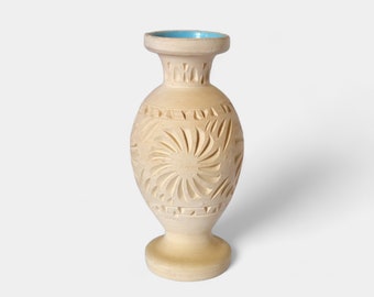 Schöne Vintage Terracotta Vase in hellbeige und blau Innenseite