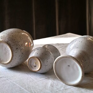 May include: A collection of white ceramic vases and bowls with a speckled black pattern. The pieces vary in size and shape, with some having a rounded form and others a more elongated design. The objects are arranged on a white surface.