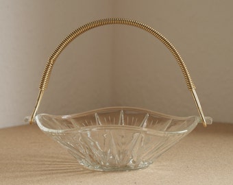Glass bowl with gold metal handle, glass basket