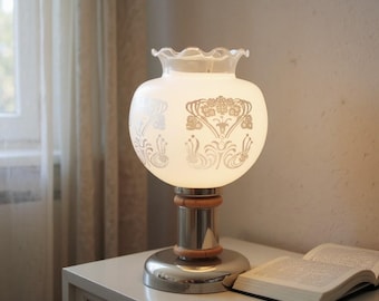Lampa ze szkła antycznego i chromowanego metalu | Lampka nocna w stylu retro | Designerska lampka nocna | Dekoracja wnętrz