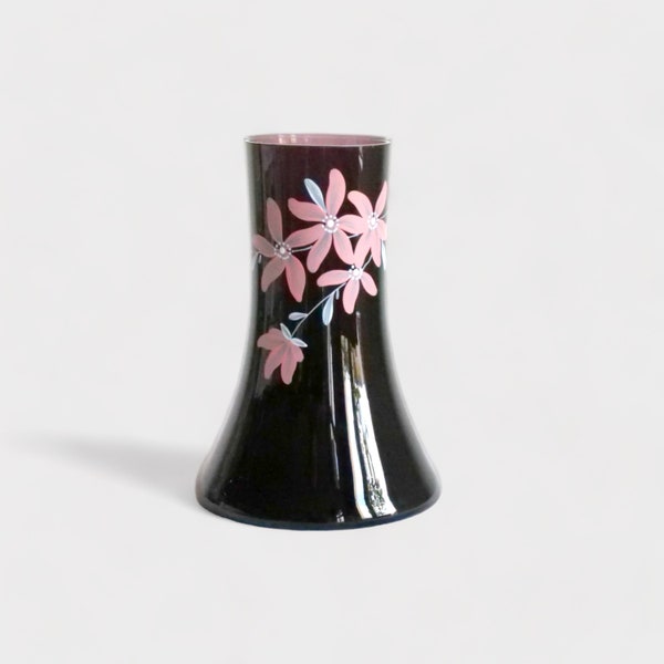 Vase en verre violet peint à la main fleurs roses