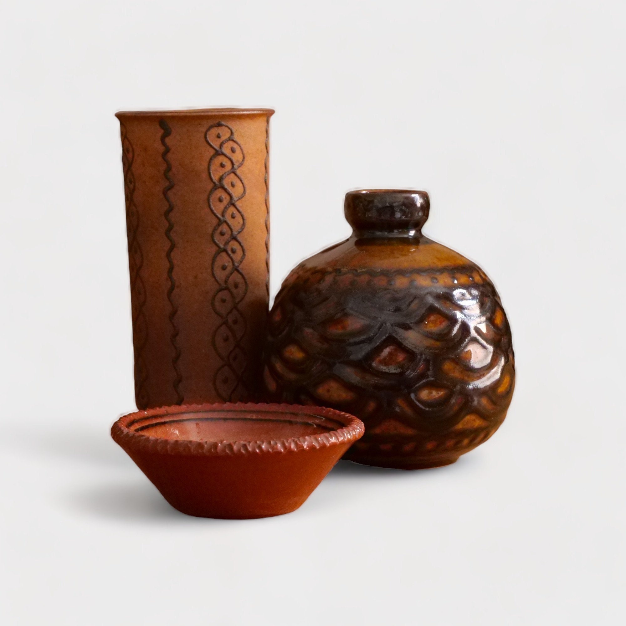 Vintage ceramic vases brown color and a hand-painted bowl , Boho ceramics