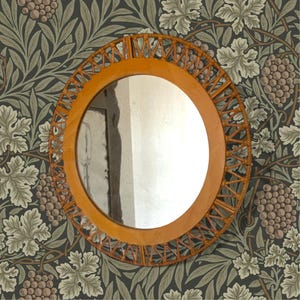 Rattan Wall Mirror, Boho Round Sunburst Mirror, 60s East German Vintage for Entryway or Living Room Decor