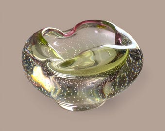 Vintage Murano Style Bullicante Glass Bowl - Mid-Century Sommerso Ashtray Pink & Green - Controlled Bubble Art Glass - Italian Design 1950s