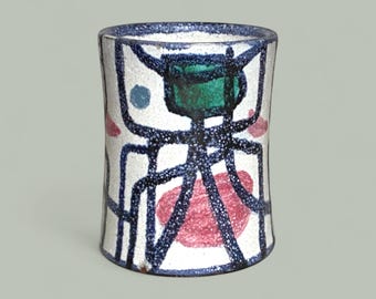 Vintage Hand Painted Ceramic Vase with Blue & Red Geometric Pattern, Decorative Ceramic Abstract Design Vase