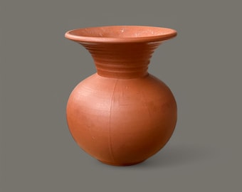 Small vintage terracotta vase boho style, rustic handmade pottery clay decorative bud vase, minimalist retro shelf decor