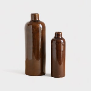 2 vintage brown ceramic bottles, stoneware bottles, pottery bottles