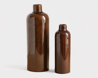 2 vintage brown ceramic bottles, stoneware bottles, pottery bottles