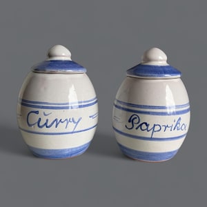 Juego de 2 tarros de especias de cerámica vintage pintados a mano - Curry y pimentón - Decoración rústica de cocina