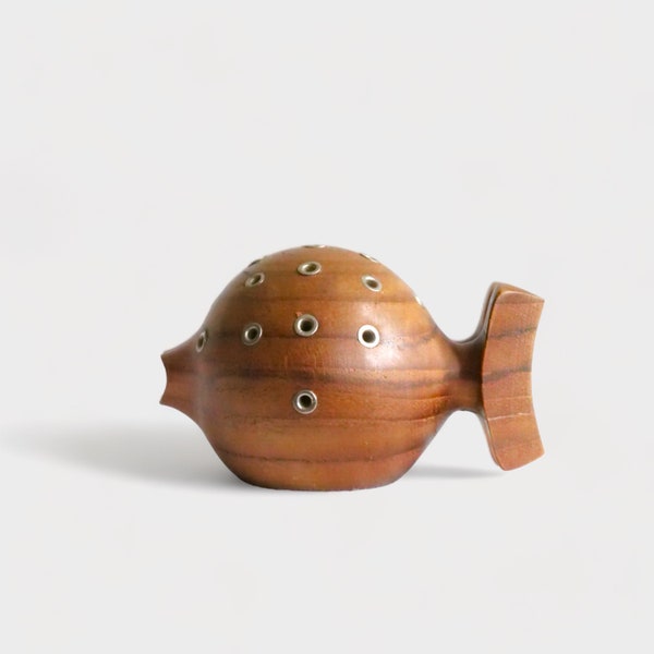 Danish vintage puffer fish teak toothpick holder