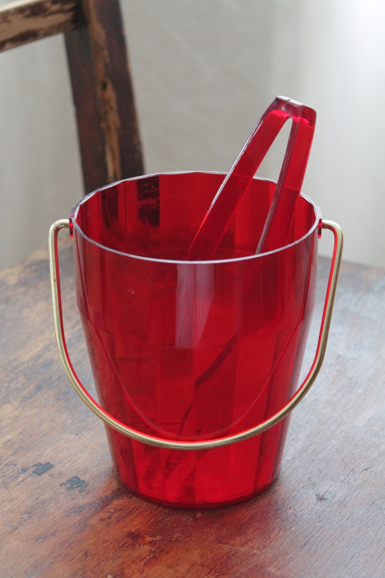Vintage Plastic Red Ice Bucket With Tongs Etsy