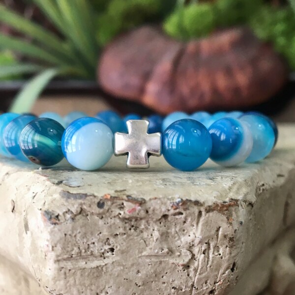 Blue Aquamarine Glass Bead Bracelet / Cross Bead Bracelet / Silver Cross Bracelet