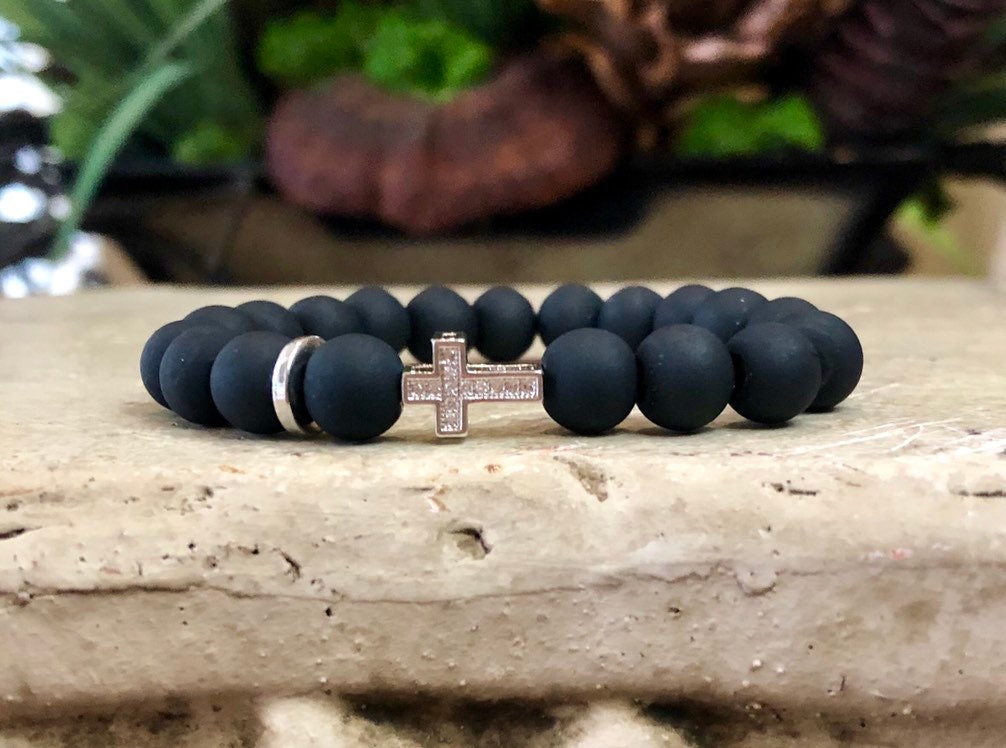 Pave Cross Bead Bracelet Cross Charms Stretch Cross Etsy