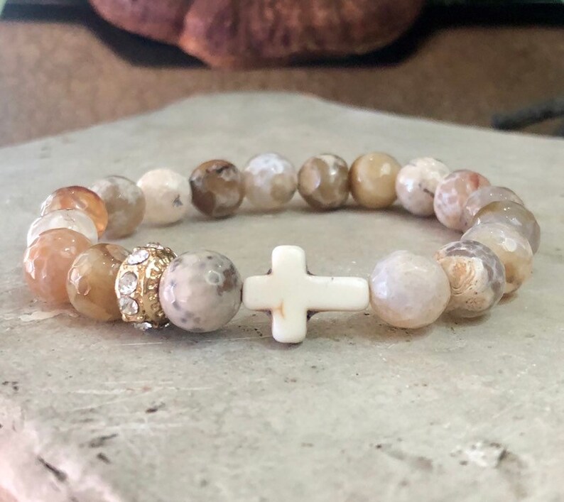 Faceted Agate Gemstone Bead Bracelet Cross Charms Stretch Etsy