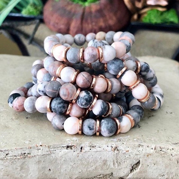 Dendritic Rhodonite Matte Beaded Bracelets, Rose Gold Bracelet, Stretch Bead Bracelets, Gemstone Bracelet, Chucky Elastic Bracelet