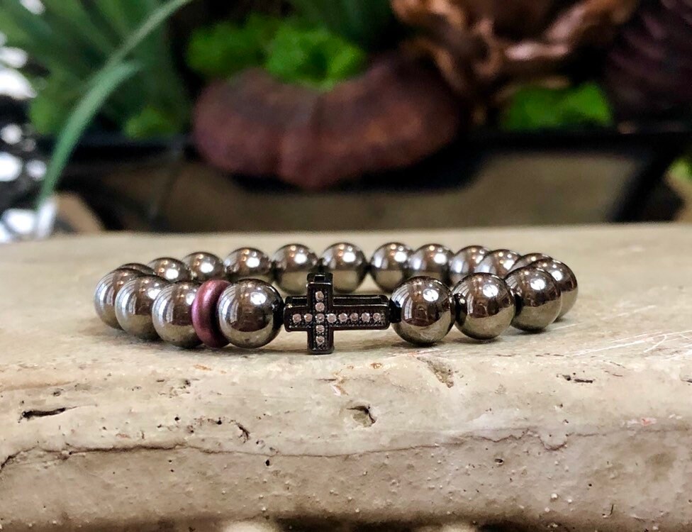 Pave Cross Bead Bracelet Cross Charms Stretch Cross Etsy