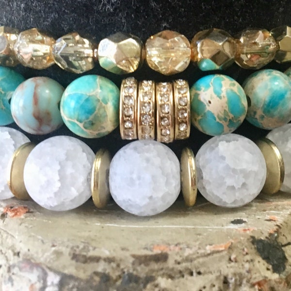 Turquoise and Cracked Crystal Jasper Stackable Bracelet Set / Stretch Bracelets / Gold Bracelet