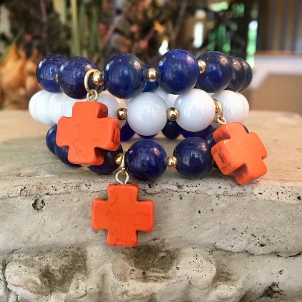 Blue Agate, White Bead Bracelet with Orange Cross Dangle Charm