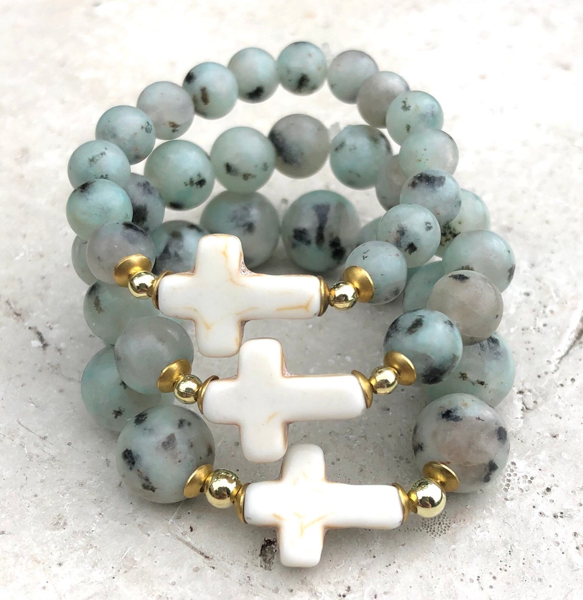 Gemstone Bead Bracelet Cross Charms Stretch Cross Bracelet Etsy