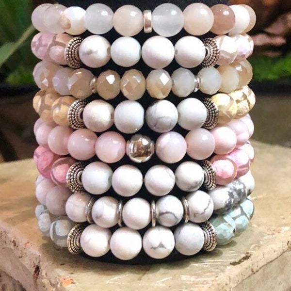 Cotton Candy Bracelets, Gemstone Bracelet, Boho Jewelry, Chunky Elastic Bracelet, Howlite Beads