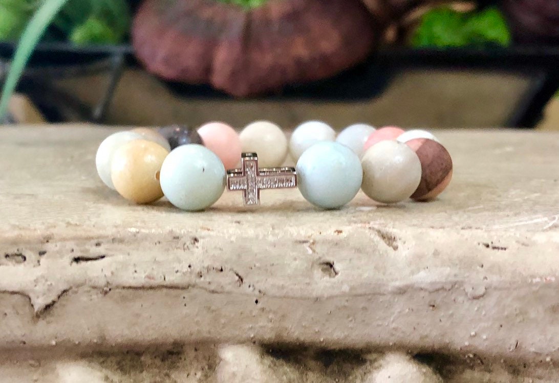 Pave Cross Bead Bracelet Cross Charms Stretch Cross Etsy