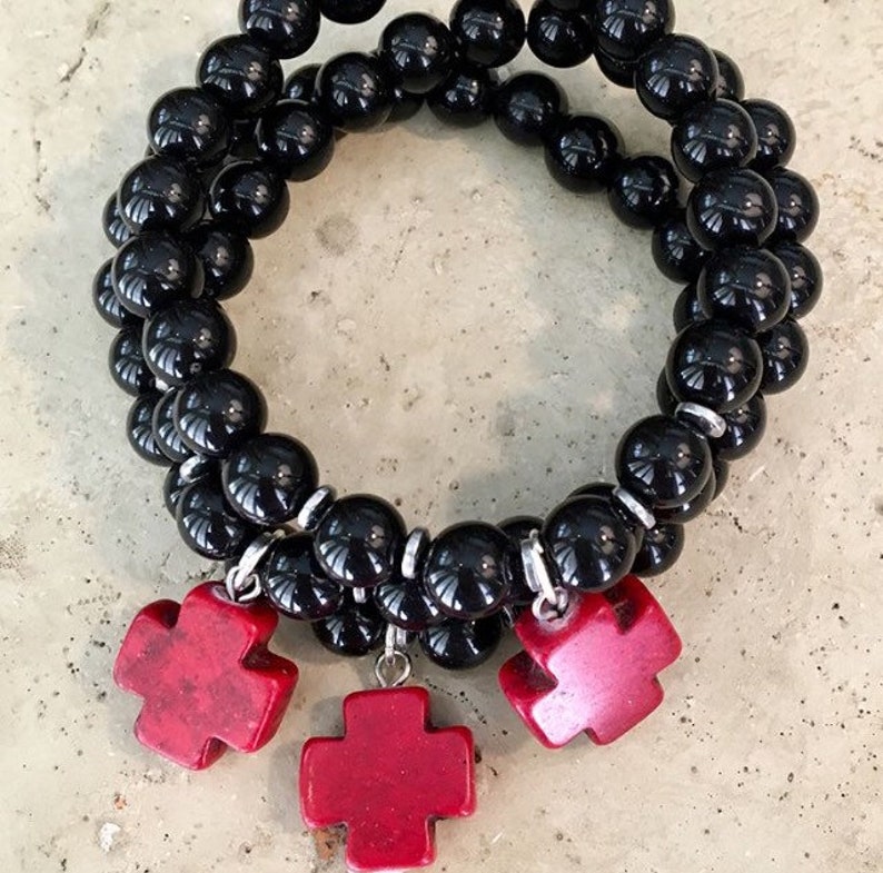 Black Bead Bracelet with Red Dangle Cross Charm Etsy