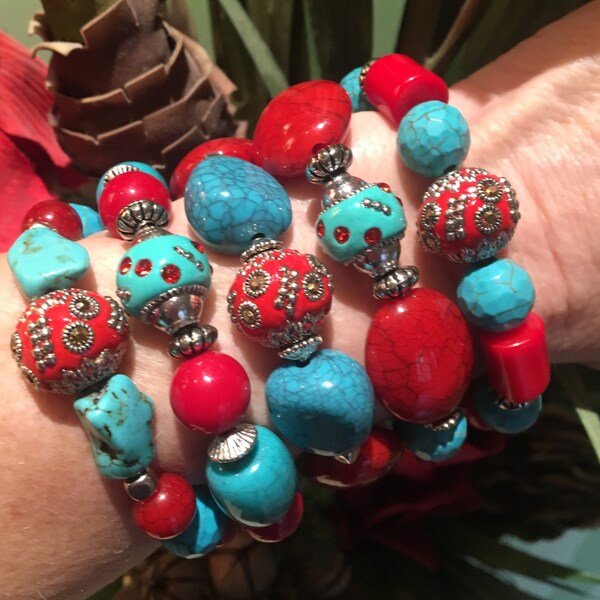 Turquoise and Red Reflections Bracelet