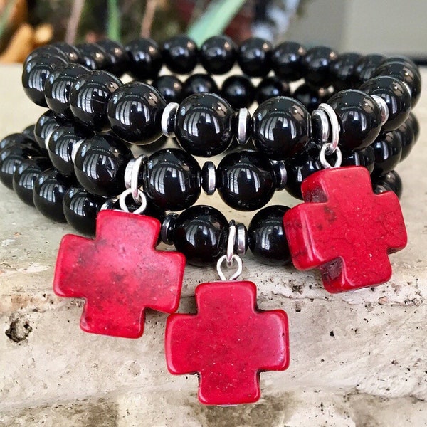 Black Bead Bracelet with Red  Dangle Cross Charm